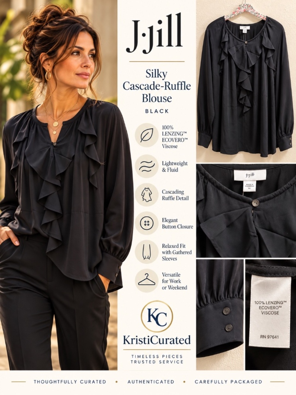 J.Jill Silky Cascade Ruffle Blouse Black XL NWT